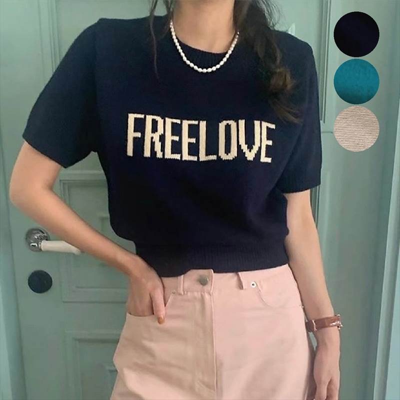 樂天商城 - 3カラー FREELOVEロゴ半袖ニットトップス レディース ニット セーター 半袖 ラウンドネック ストレート ストリート かわいい シンプル カジュアル エレガント カレッジ風 ロゴ オールシーズン ミーティング ユニセックス オフィス アウトドア イベント ガーデン