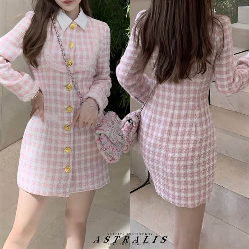 樂天商城 - ポロカラー ツイードワンピース レディース ワンピース ショート 膝上 長袖 ポロカラー 細身 ストレート フォーマル テーパード バイカラー ツイード きれいめ 上品 おしゃれ エレガント モダン チェック 秋 冬 謝恩会 ビジネス イベント ショッピング コーデ