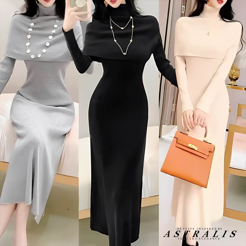 乐天商城 - 〈新作〉レイヤードワンピース 全3色 ニット ロング ハイネックワンピース レディース ワンピース ニット ロング 長袖 レイヤードトップス ハイネック アシンメトリー タイト リブニット 伸縮性 ドッキング きれいめ 上品 おしゃれ エレガント 無地 お出かけ