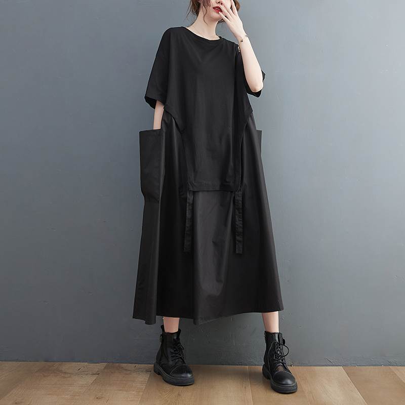 樂天商城 - ワンピース ドレス スカート ミモレ丈 ロング丈 ウエストマーク 5分袖 半袖 レディース かわいい 大人可愛い きれいめ 上品 こなれ感 シンプル カジュアル 主役級 存在感 個性的 韓国 オルチャン デート お出かけ ワンピース Aライン ゆったり ラウンドネック 無地