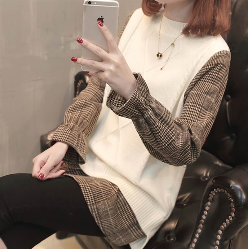 樂天商城 - トップス ニット レイヤード セーター ロング 袖あり 長袖 ハイネック タートルネック ストレート フェイクツーピース かわいい 大人可愛い カジュアル 上品 おしゃれ お洒落 チェック柄 春 秋 1代 2代 3代 4代 レディース OL 学生 通学 デ 韓国 オルチャン