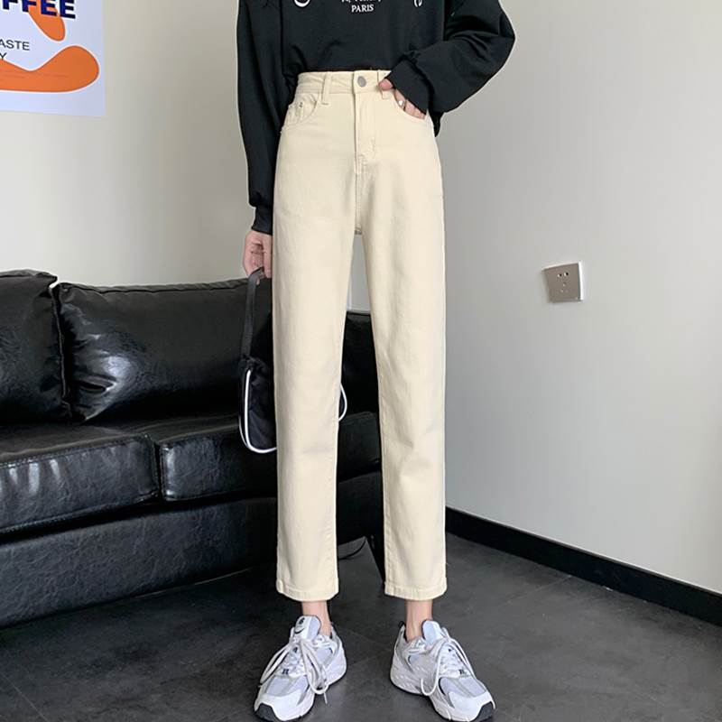 Rakuten - レディース ボトムス パンツ ハイウエスト ストレート 9分丈 ジーンズ ズボン ポケット付き 定番 ジッパー ファスナー シンプル こなれ見え 抜け感 脚長 シルエット ゆったり お洒落 カジュアル 黒 アプリコット 春 夏 秋 通勤 通学 お出かけ デート 韓国 オルチャン