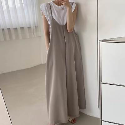 サロペット オールインワン ワイドパンツ フルレングス ハイウエスト ポケット レディース かわいい 大人可愛い きれいめ こなれ感 シンプル カジュアル 主役級 存在感 個性的 韓国 オルチャン デート お出かけ サロペット ロング丈 ゆったり Vネック ノースリーブ