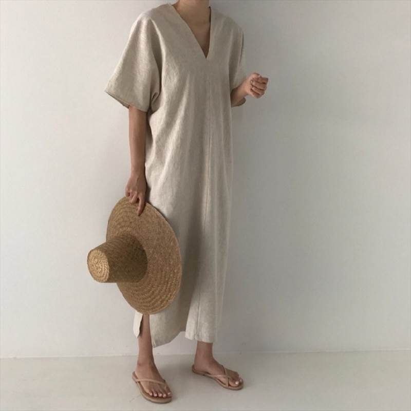 Rakuten - Vネックロングワンピース Vネックシャツワンピース レディース ワンピース シャツワンピース ドレスワンピース ワンピドレス シャツワンピ シャツドレス ロング ショート ミディアム 半袖 ドロップショルダー Vネック 送料無料 個性的 ワンピース Aライン 韓国 オルチャン