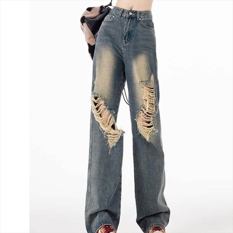 Bottoms, Pants, Long Pants, Denim Pants, Jeans, Distressed Finish, High Waist, Pockets, Cute, Adult Cute, Clean, Simple, Elegant, Stylish, Cool, Casual, Sophisticated, Unique, Statement Piece, Eye-catching, Relaxed, Basic
