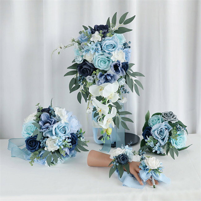 ブルーブーケウエディングブーケ 花嫁 ブーケ 手作り ウェディングブーケ 結婚式 ブライダルブーケ 造花 二次会 エレガント 海外挙式 幅約30cm、高さ33cmミックスフラワーブーケ インテリア 枯れない リビング 自宅 プレゼント 鑑賞 おしゃれ きれい