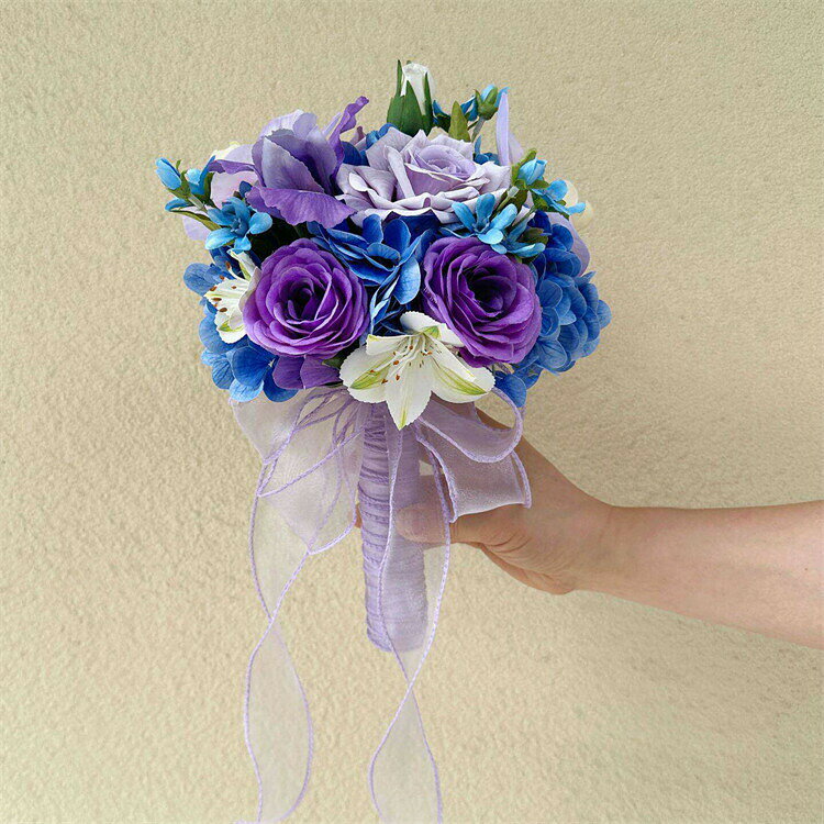 パープルブルー ローズ　薔薇 花束 アジサイ　ブーケブーケウェディングブーケ/造花ブーケ/ブライダルブーケ/ラウンドブーケ/トスブーケ/結婚式/花束　卒業 入学 壮瞥 父の日 お中元 ひな祭り 桃の節句 誕生日 花ギフト お供え 開店祝い