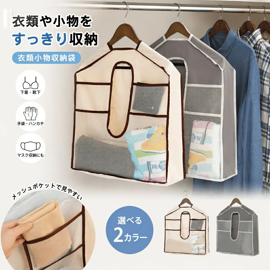 衣類小物収納袋 吊り下げ収納 メッシュポケット付き クローゼット収納 下着 靴下 ハンカチ マスク 小物整理 衣類収納 省スペース 両面収納 ハンガー式 2カラー シンプル