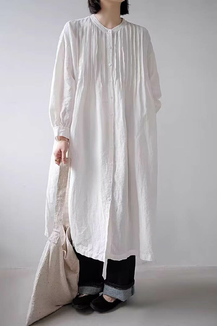 Tunics - シャツ ワンピース スタンドカラー 綿麻 レディース 春 夏 秋 チュニック 長袖 ロング丈 シャツ ホワイト シャツワンピース チュニックワンピ バンドカラー 大きいサイズ ゆったり オシャレ シンプル カジュアル 着回し 体型カバー ママコーデ 森ガール