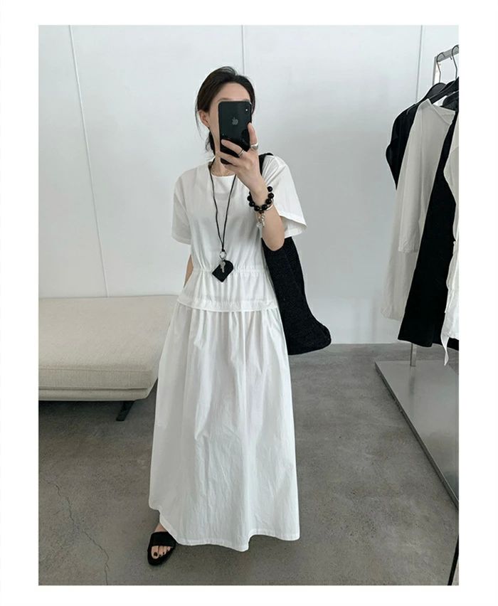 ワンピース 半袖 レディース 夏 きれいめ ワンピース ウエストギャザー ロングワンピース Aラインワンピース ロング丈 クルーネック Aライン カジュアル フレア 無地 美脚 体型カバー 楽ちん 大人カジュアル 体型カバー 日常 コーデ ホワイト ダークグレー ブラック F