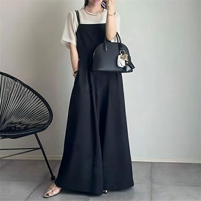 サロペット レディース パンツ オールインワン ワイドパンツ 夏 春 きれいめ つなぎサロペ ロング ズボン ガウチョパンツ ノースリーブ 無地 オーバーオール 美脚 ワイド シンプル レイヤード ポケット 楽ちん 大人カジュアル 体型カバー 黒 S M L