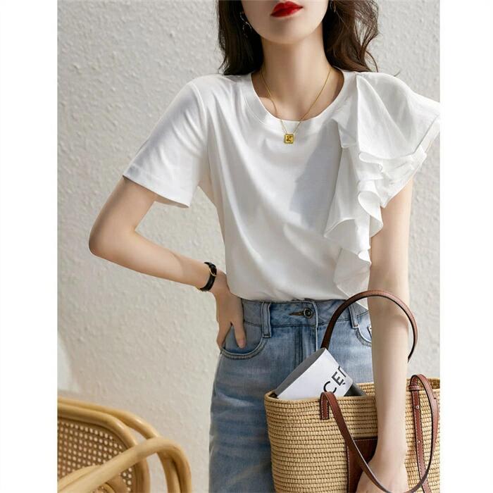 Tシャツ レディース 半袖 カットソー 春夏 プルオーバー フレアスリーブ ブラウス トップス コットン フレア袖 Tシャツ 白 黒 綿混 女性らしい デザイン袖 チュニック 半袖Tシャツ 通勤 カジュアル きれいめ 大人可愛い 送料無料のサムネイル