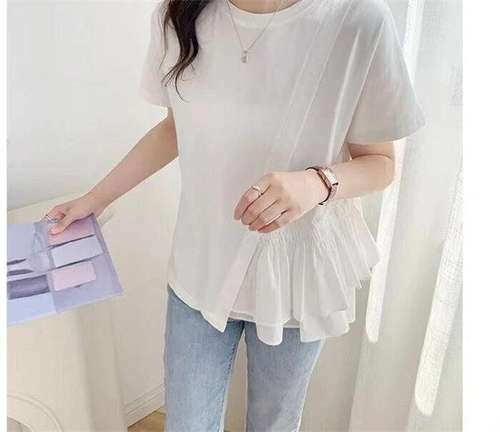 Tシャツ レディース 半袖 カットソー フレア裾 春夏 プルオーバー フレア コットン混 白 黒 トップス 綿混 女性らしい デザイン ブラウス チュニック 半袖Tシャツ 通勤 カジュアル きれいめ 大人可愛い 送料無料