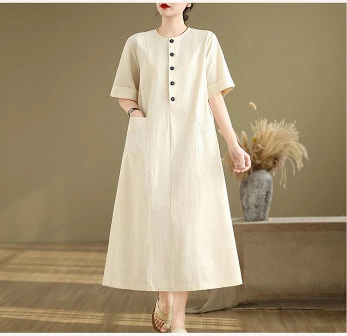 シャツワンピース レディース ワンピース コットン リネン 半袖 クルーネック シャツワンピ ロング 綿麻風ワンピース ミモレ丈 無地 Aライン シンプル ゆったり 大きいサイズ 着痩せ カジュアル 大人可愛い ナチュラル 送料無料