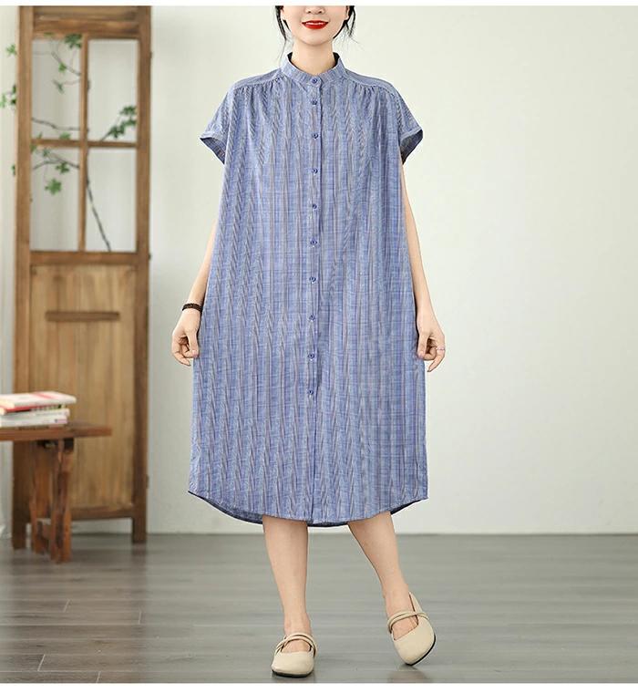 シャツワンピース レディース ギンガムチェック フレンチスリーブ ワンピース 半袖 シャツワンピ チェック柄 ストライプ柄 バンドカラー ロングワンピース ストライプワンピース 前開き ミモレ丈 ゆったり ロング ワンピ キレイめ カジュアル 大人可愛い 体型カバー 夏