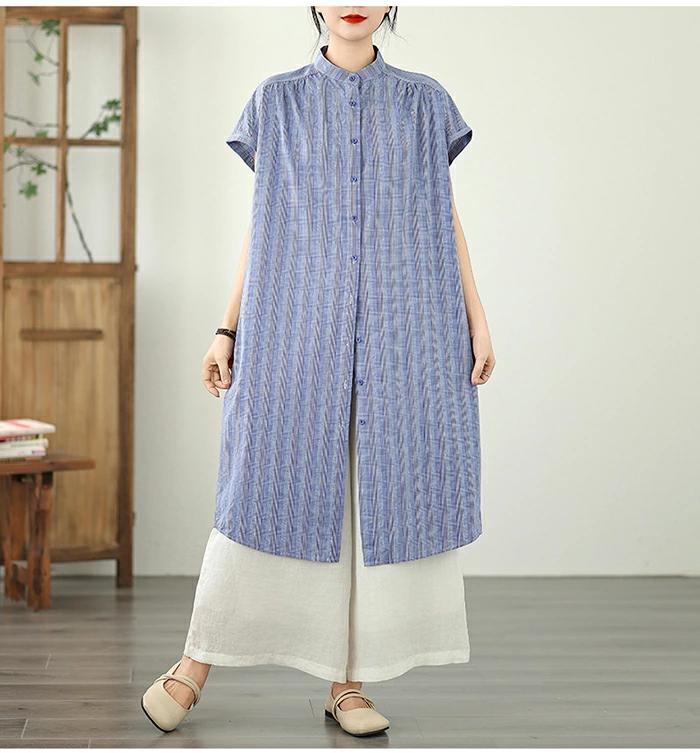 シャツワンピース レディース ギンガムチェック フレンチスリーブ ワンピース 半袖 シャツワンピ チェック柄 ストライプ柄 バンドカラー ロングワンピース ストライプワンピース 前開き ミモレ丈 ゆったり ロング ワンピ キレイめ カジュアル 大人可愛い 体型カバー 夏