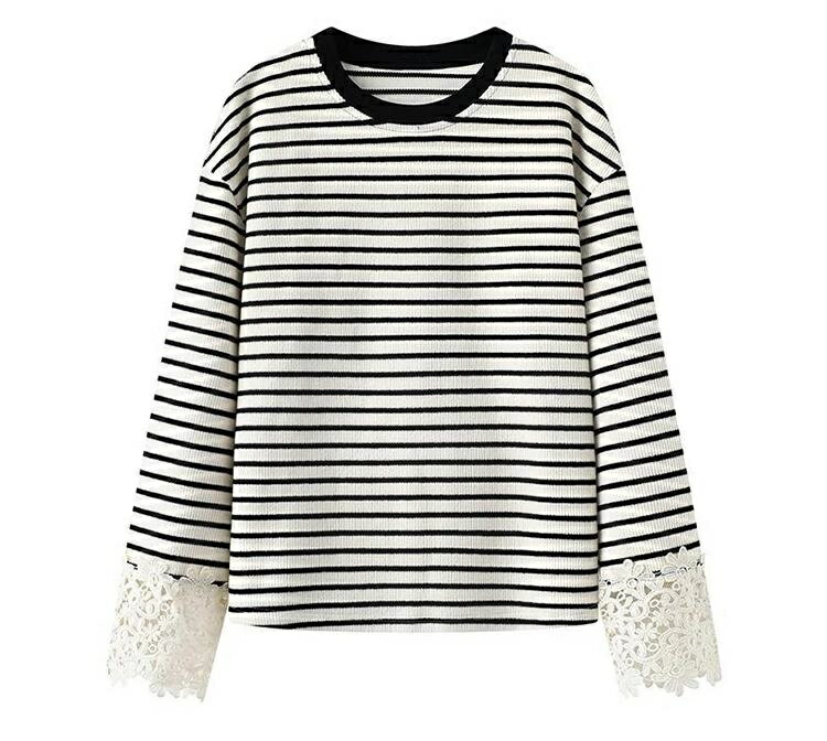 ボーダー tシャツ レディース 長袖 トップス ボーダー 柄 カットソー ゆったり ラウンドネック 長袖tシャツ ボーダー柄tシャツ プルオーバー 重ね着 大きいサイズ レース 袖口 ドッキング 切り替え ドロップショルダー 大人可愛い おしゃれ きれいめ 春 秋 冬