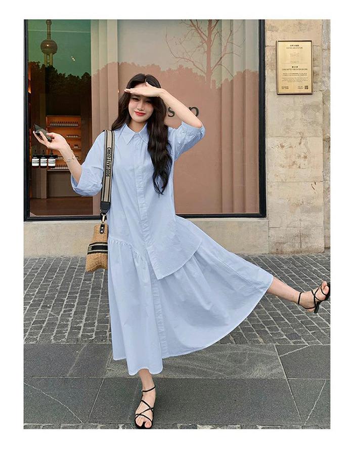 シャツワンピース 春夏 レディース 七分袖 ロングワンピース 無地 アシメトリー シャツワンピ 大きいサイズ ゆったり 体型カバー キレイめ カジュアル オーバーサイズ シンプル おしゃれ 着痩せ ブルー ホワイト 送料無料