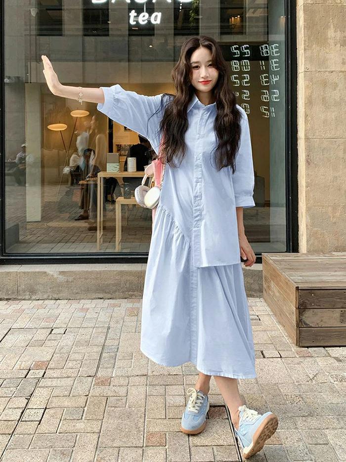 シャツワンピース 春夏 レディース 七分袖 ロングワンピース 無地 アシメトリー シャツワンピ 大きいサイズ ゆったり 体型カバー キレイめ カジュアル オーバーサイズ シンプル おしゃれ 着痩せ ブルー ホワイト 送料無料