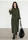 シャツワンピース レディース 長袖 フレアワンピース ギャザー 春秋 ロングワンピース シャツワンピ ロングワンピ ミモレ丈 斜め襟 ゆったり 大きいサイズ 体...