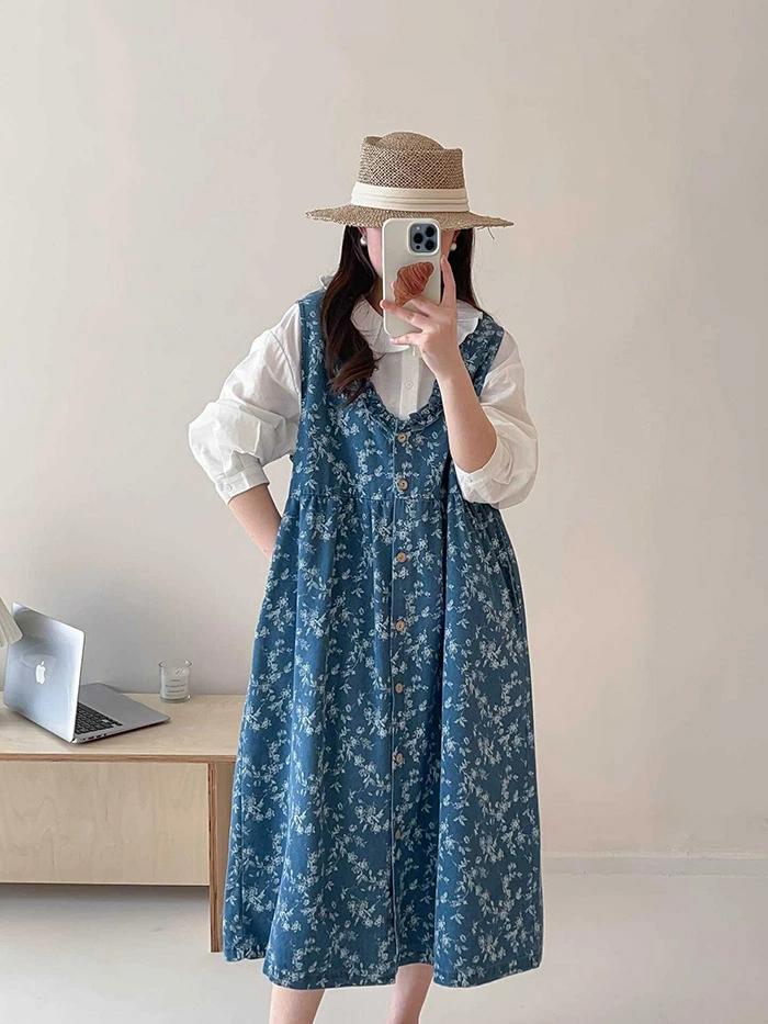 ジャンパースカート レディース 花柄 総柄 vネック 前開き 春 夏 デニムワンピース デニムジャンスカ サロペットスカート ノースリーブ ロングワンピース 重ね着 レイヤード ロングワンピ ミモレ丈 大人可愛い おしゃれ きれいめ 着痩せ 送料無料