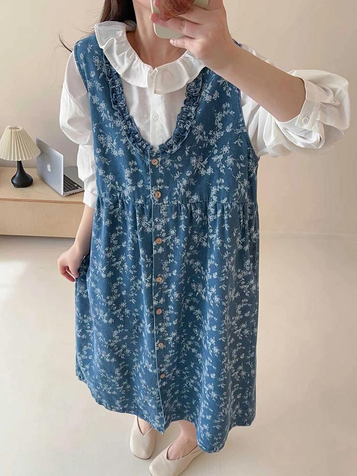 ジャンパースカート レディース 花柄 総柄 vネック 前開き 春 夏 デニムワンピース デニムジャンスカ サロペットスカート ノースリーブ ロングワンピース 重ね着 レイヤード ロングワンピ ミモレ丈 大人可愛い おしゃれ きれいめ 着痩せ 送料無料