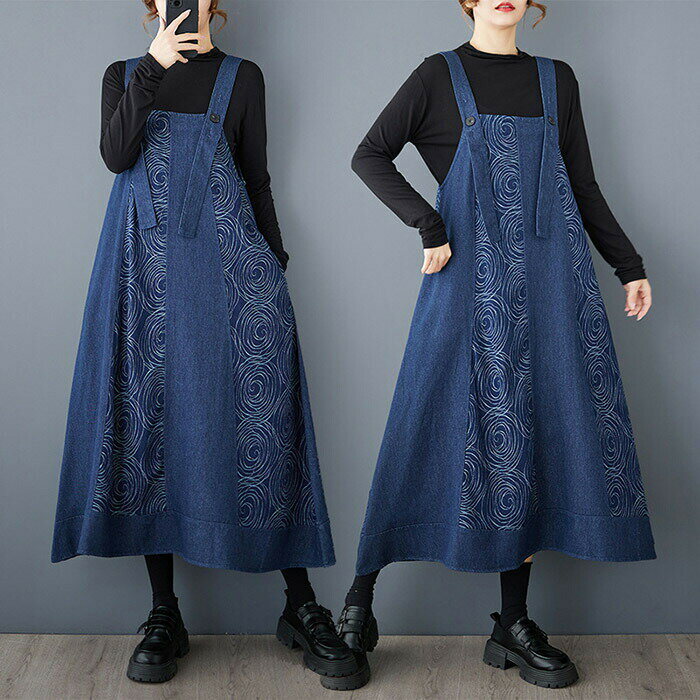 デニム ジャンパースカート レディース 花柄 ジャンパーワンピース サロペットスカート デニムキャミワンピース ロングワンピース ミモレ丈 ノースリーブ ジャンスカ ミモレ丈 ワンピ レイヤード 重ね着 ゆったり 着痩せ 春 秋 冬 女性 キレイめ 送料無料