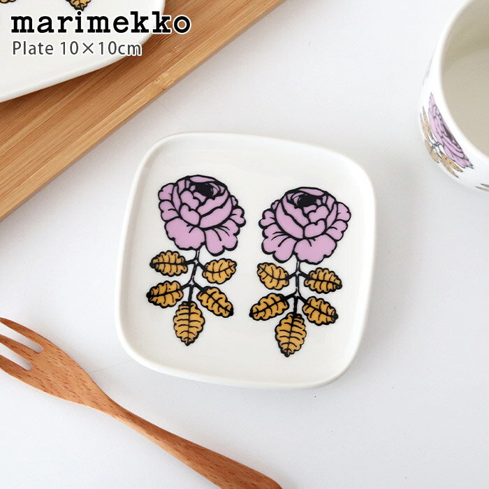 マリメッコ ( marimekko ) ヴィヒキルース ( Vihkiruusu ) プレート 10×10cm 【 単品 】/ ホワイト×ピンク×イエロー　【 正規販売店 】【 メール便不可 】のサムネイル