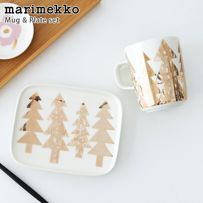 マリメッコ ( marimekko ) クーシコッサ ( Kuusikossa ) マグカップ 250ml ＆ プレート 15×12cm セット / ホワイト×ゴールド　【 正規販売店 】【 メール便不可 】のサムネイル