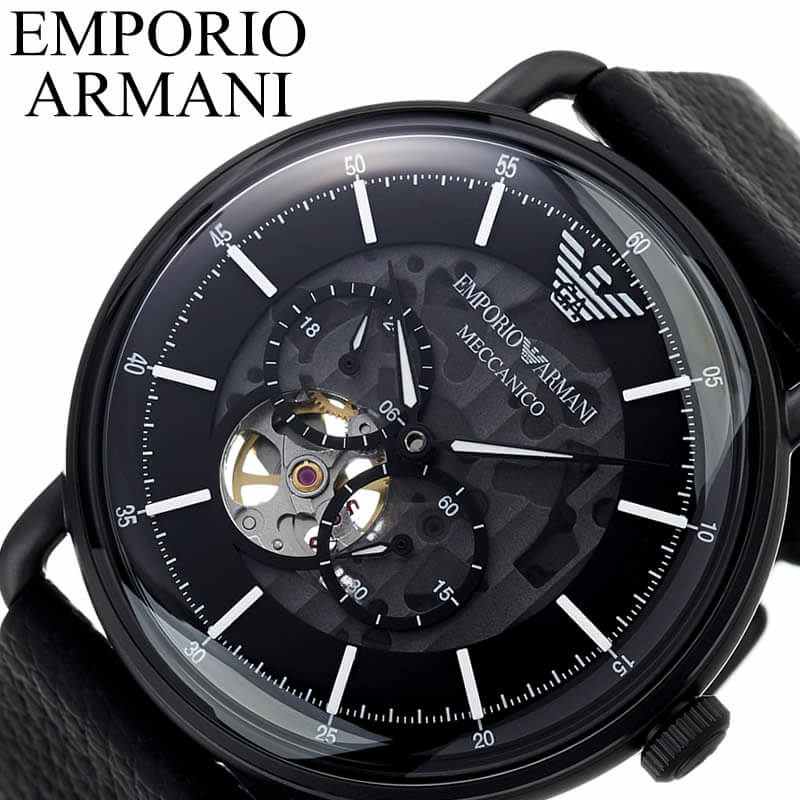 エンポリオ アルマーニ 時計 EMPORIO ARMANI 腕時計 メカニコ MECCANICO メンズ/ブラック AR60028 [ 人気 おすすめ ブランド エンポリ 革ベルト シンプル ビジネス スーツ 機械式 自動巻き スケルトン オープンハート ギフト プレゼント ]送料無料