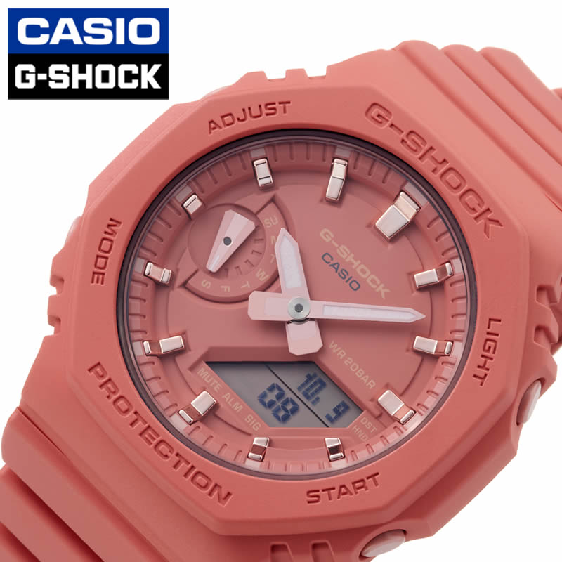 カシオ[CASIO]1974年、機械式からクオーツ式へと切り替わる技術変革期に時計事業へ進出。1983年、カシオ計算機より「壊れない腕時計」としてG-SHOCK誕生。外殻から独立した内部機構とポリウレタン製の衝撃吸収材等によりアイスホッケーのパック代わりにしても壊れないほどの頑丈さを誇る。1984年 データバンクを発売多機能、高気圧防水、他に気圧計や水深測定器、電波時計、太陽電池等様々な先端技術を盛り込んだ製品が多数発表。腕時計の更なる可能性を追求し続け世界中で愛されるトップメーカーである。1974年、機械式からクオーツ式へと切り替わる技術変革期に時計事業へ進出。1983年、カシオ計算機より「壊れない腕時計」としてG-SHOCK誕生。外殻から独立した内部機構とポリウレタン製の衝撃吸収材等により、アイスホッケーのパック代わりにしても壊れないほどの頑丈さを誇る。多機能、高気圧防水、他に気圧計や水深測定器、電波時計、太陽電池等、様々な先端技術を盛り込んだ製品が多数発表。腕時計の更なる可能性を追求し続け世界中で愛されるトップメーカーである。型番GMA-S2100-4A2ケース材質：樹脂サイズ約：縦46.2×横42.9mm×厚：11.2mm重：41gベルト材質：ウレタンカラー：サーモンピンクベルト腕周り最少：13cmベルト腕周り最大：21.5cmムーブメントクォーツ機能耐衝撃構造（ショックレジスト）カーボンコアガード構造針退避機能（針が液晶表示と重なって見づらいときは、針を液晶表示の上から一時的に退避させることができます）ワールドタイム：世界48都市（31タイムゾーン、サマータイム設定機能付き）＋UTC（協定世界時）の時刻表示ストップウォッチ（1/100秒（1時間未満）/1秒（1時間以上）、24時間計、スプリット付き）タイマー（セット単位：1秒、最大セット：24時間、1秒単位で計測）時刻アラーム5本時報フルオートカレンダー12/24時間制表示切替操作音ON/OFF切替機能ダブルLEDライト文字板用LEDライト（スーパーイルミネーター、残照機能、残照時間切替（1.5秒/3秒）付き）LCD部用LEDバックライト（スーパーイルミネーター、残照機能、残照時間切替（1.5秒/3秒）付き）ネオブライト防水機能防水性：20気圧防水付属品G-shock純正BOX取扱説明書保証書※説明書・保証書に関して入荷時期により仕様、内容が一部異なる場合がございます。予めご了承をお願い致します。この商品のお問い合わせ番号PPR-item-65559メーカー希望小売価格はメーカーサイトに基づいて掲載していますカシオ[CASIO]1974年、機械式からクオーツ式へと切り替わる技術変革期に時計事業へ進出。1983年、カシオ計算機より「壊れない腕時計」としてG-SHOCK誕生。外殻から独立した内部機構とポリウレタン製の衝撃吸収材等によりアイスホッケーのパック代わりにしても壊れないほどの頑丈さを誇る。1984年 データバンクを発売多機能、高気圧防水、他に気圧計や水深測定器、電波時計、太陽電池等様々な先端技術を盛り込んだ製品が多数発表。腕時計の更なる可能性を追求し続け世界中で愛されるトップメーカーである。1974年、機械式からクオーツ式へと切り替わる技術変革期に時計事業へ進出。1983年、カシオ計算機より「壊れない腕時計」としてG-SHOCK誕生。外殻から独立した内部機構とポリウレタン製の衝撃吸収材等により、アイスホッケーのパック代わりにしても壊れないほどの頑丈さを誇る。多機能、高気圧防水、他に気圧計や水深測定器、電波時計、太陽電池等、様々な先端技術を盛り込んだ製品が多数発表。腕時計の更なる可能性を追求し続け世界中で愛されるトップメーカーである。型番GMA-S2100-4A2ケース材質：樹脂サイズ約：縦46.2×横42.9mm×厚：11.2mm重：41gベルト材質：ウレタンカラー：サーモンピンクベルト腕周り最少：13cmベルト腕周り最大：21.5cmムーブメントクォーツ機能耐衝撃構造（ショックレジスト）カーボンコアガード構造針退避機能（針が液晶表示と重なって見づらいときは、針を液晶表示の上から一時的に退避させることができます）ワールドタイム：世界48都市（31タイムゾーン、サマータイム設定機能付き）＋UTC（協定世界時）の時刻表示ストップウォッチ（1/100秒（1時間未満）/1秒（1時間以上）、24時間計、スプリット付き）タイマー（セット単位：1秒、最大セット：24時間、1秒単位で計測）時刻アラーム5本時報フルオートカレンダー12/24時間制表示切替操作音ON/OFF切替機能ダブルLEDライト文字板用LEDライト（スーパーイルミネーター、残照機能、残照時間切替（1.5秒/3秒）付き）LCD部用LEDバックライト（スーパーイルミネーター、残照機能、残照時間切替（1.5秒/3秒）付き）ネオブライト防水機能防水性：20気圧防水付属品G-shock純正BOX取扱説明書保証書※説明書・保証書に関して入荷時期により仕様、内容が一部異なる場合がございます。予めご了承をお願い致します。