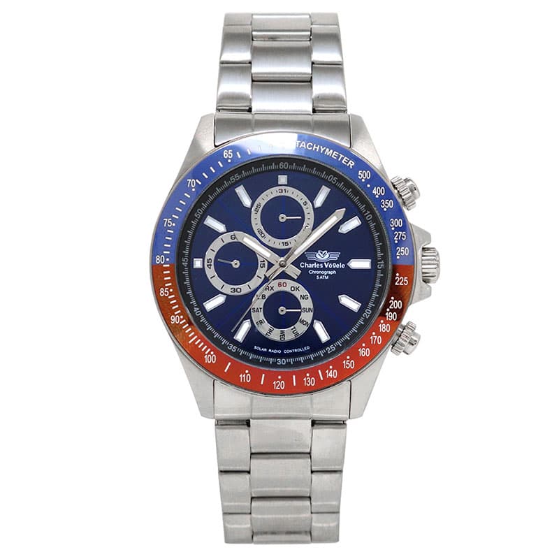シャルルホーゲル 腕時計 CharlesVogele 時計 メンズ ネイビー シルバー 電波 ソーラー ラウンド かっこいい 男性 仕事 ビジネス 電池交換不要 電波ソーラー クロノグラフ CV9095-0 カジュアル シンプル 人気 おすすめ おしゃれ ブランド プレゼント ギフト