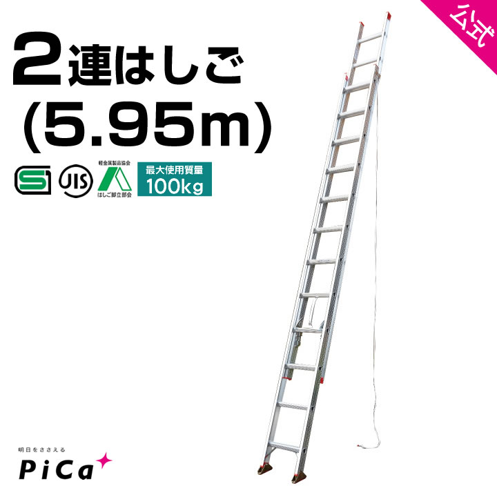 はしご 梯子 2連 はしご 6m 6M （5.95m） アルミ 梯子 2EX-60 ※最大使用質量100kg  アルミ 軽量 2連梯子 質量12.5kg ハシゴ 脚立 はしご チャーター便対応 ハシゴ アルミ 梯子 6m hasigo ピカ コーポレーション はしご