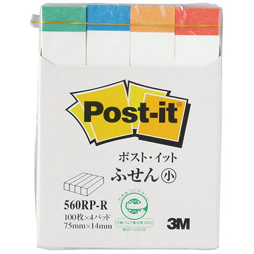 3M　ポスト・イット　ふせん小　再生紙　75×14mm　ホワイト（4色帯入）　560RP－R　1パック（4冊） 1