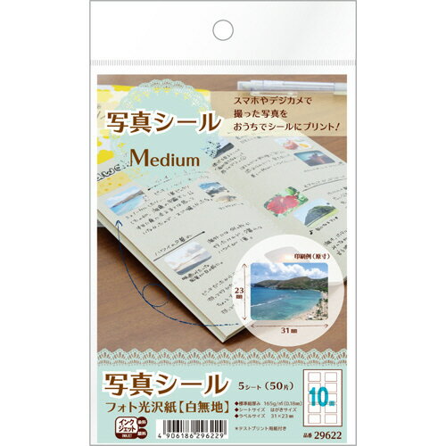 【お取寄せ品】 エーワン　写真シール　フォト光沢紙（白無地）　はがきサイズ　10面　Medium　29622　1冊（5シート）