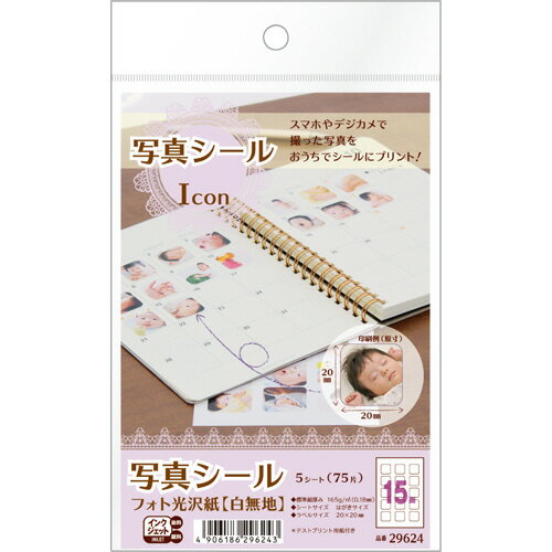 【お取寄せ品】 エーワン　写真シール　フォト光沢紙（白無地）　はがきサイズ　15面　Icon　29624　1冊（5シート）