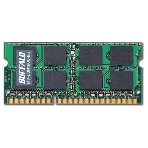 ●PC3−12800（DDR3−1600）規格に対応したDDR3　204pin　DIMMです。●JEDEC規格準拠。●1．5Vの低電圧。消費電力の低減が見込めます。●メモリータイプ／DDR3　S．O．DIMM●ピン数／204PinDIMM●メモリーモジュール規格／PC3−12800●メモリークロック／1600MHz●CASレイテンシー／CL＝11（PC3−12800使用時）●定格電圧／1．5V●最大消費電力／6．1W●外形寸法／幅67×奥行4×高さ30mm●質量／9．0g●保証期間／6年●主な付属品／取扱説明書※保証書はパッケージに記載※対応機種はメーカーHPをご確認ください。※PCメーカー・機種によってはメモリー増設した場合、メーカー保証の対象外となる場合があります。※増設作業前には予め金属等に触れ静電気を抜いておき、また濡れた手で作業しないようご注意ください。●メーカー／バッファロー●型番／MV-D3N1600-8G●JANコード／4981254001356※メーカー都合によりパッケージ・仕様等が予告なく変更される場合がございます。ご了承ください。本商品は自社サイトでも販売しているため、ご注文のタイミングにより、発送までにお時間をいただいたり、やむをえずキャンセルさせていただく場合がございます。※沖縄へのお届けは別途1650円(税込)の送料がかかります。※本商品はメーカーより取寄せ後の発送となるため、配送日はご指定頂けません。予めご了承ください。また、ご注文後のキャンセル・返品はお受けできません。予めご了承ください。