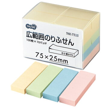 TANOSEE　広範囲のりふせん　75×25mm　4色　1パック（10冊）