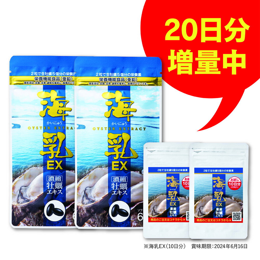 24日9：00～ 限定割引き中 海乳EX 2袋 亜鉛 国産 牡蠣 活力 植物亜鉛 元気 スタミナ 実績20年突破!! 1日2粒 12mg 亜鉛が摂れる 栄養機能食品 海乳EX サプリメント 妊活 アルギニン 男性 アミノ酸 ミネラル ビタミン