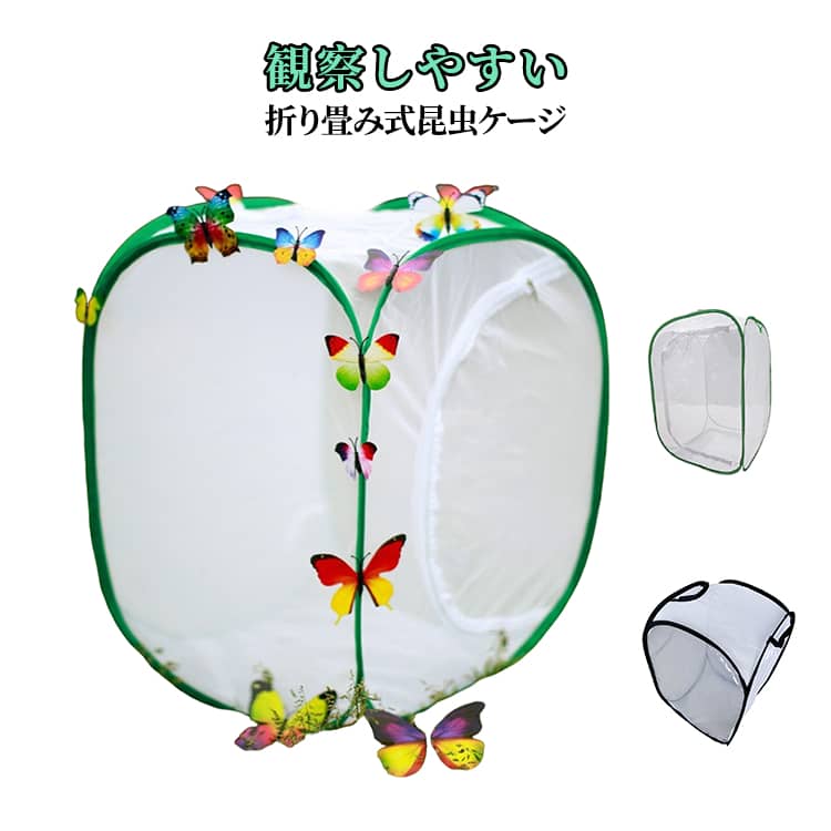 60×40×40cmのゆったりサイズで、昆虫や植物の飼育・観察に最適な折りたたみ式昆虫ケージです。5面が通気性の高いメッシュ構造、1面は透明ビニールシート仕様のため、内部の様子をしっかり確認しながら快適な環境を保てます。ダブルジッパー開閉で出し入れが簡単、防虫対策にも安心。蝶・バッタ・シルクワームなどの昆虫飼育はもちろん、観葉植物の育成や標本観察にも活躍します。使わない時はコンパクトに折りたたんで収納でき、場所を取らないのも嬉しいポイント。初心者から本格派まで幅広く使える、実用性の高い飼育・観察ケージです。 サイズ F サイズについての説明 F　幅40*奥行40*高さ60cm 素材 ポリエステル　PVC 色 グリーン ブラック 備考 ●サイズ詳細等の測り方はスタッフ間で統一、徹底はしておりますが、実寸は商品によって若干の誤差(1cm～3cm )がある場合がございますので、予めご了承ください。 ●製造ロットにより、細部形状の違いや、同色でも色味に多少の誤差が生じます。 ●パッケージは改良のため予告なく仕様を変更する場合があります。 ▼商品の色は、撮影時の光や、お客様のモニターの色具合などにより、実際の商品と異なる場合がございます。あらかじめ、ご了承ください。 ▼生地の特性上、やや匂いが強く感じられるものもございます。数日のご使用や陰干しなどで気になる匂いはほとんど感じられなくなります。 ▼同じ商品でも生産時期により形やサイズ、カラーに多少の誤差が生じる場合もございます。 ▼他店舗でも在庫を共有して販売をしている為、受注後欠品となる場合もございます。予め、ご了承お願い申し上げます。 ▼出荷前に全て検品を行っておりますが、万が一商品に不具合があった場合は、お問い合わせフォームまたはメールよりご連絡頂けます様お願い申し上げます。速やかに対応致しますのでご安心ください。