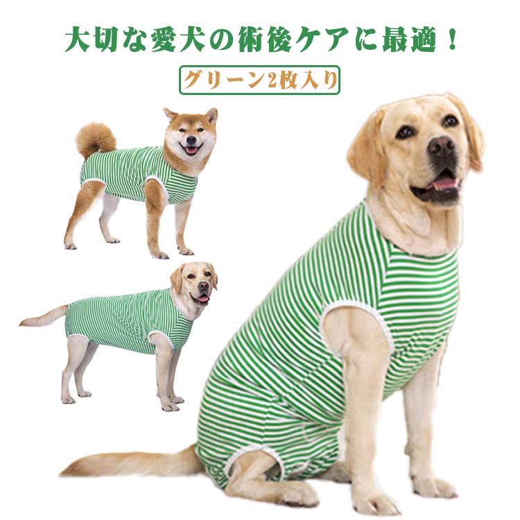 大切な愛犬の術後ケアに最適！手術後やケガの後に欠かせない「犬用術後ウェア」。エリザベスカラーの代わりとして、愛犬のストレスを大幅に軽減しながら、傷口をしっかり保護します。弾力性、吸汗性、通気性に優れ、着心地抜群で、手術後だけでなく、オールシーズン着用できます。愛犬が安心して過ごせるように設計された術後専用ウェアです。動きやすさと保護力を兼ね備え、飼い主さんも安心できる必須アイテムです。【選ばれる理由】傷舐め防止＆保護：避妊・去勢手術後のデリケートな腹部を優しくカバー背中スナップボタン式：着脱が簡単で、飼い主さんもラクラク柔らかい伸縮素材：愛犬が自由に動けて、着心地も快適男女兼用設計：オス・メスどちらにも対応抜け毛対策にも◎：お部屋や車内を清潔に保ちやすい【使用シーン】避妊・去勢・その他の手術後皮膚トラブルや治療中の保護離乳期のケア抜け毛対策ウェアとして普段使いにも【こんな飼い主さんにおすすめ！】エリザベスカラーが苦手でストレスを感じてしまう愛犬に術後の傷口を確実に保護したい方中型犬・大型犬のケアウェアを探している方清潔で快適に過ごさせたい方 サイズ L XL 2XL 3XL 4XL 5XL 6XL サイズについての説明 L　バスト40-45　背丈30　推薦体重3.5-5KGXL バスト45-55　背丈35　推薦体重4.5-7.5KG2XL バスト50-60　背丈40　推薦体重7.5-12.5KG3XL バスト55-65　背丈45　推薦体重12.5-15KG4XL バスト65-75　背丈52　推薦体重15-21KG5XL バスト70-88　背丈58　推薦体重21-30KG6XL バスト74-94　背丈63　推薦体重30-40KG※サイズ表の実寸法は商品によって1-3cm程度の誤差がある場合がございます。 素材 綿　ポリウレタン 色 グリーン2枚入り 備考 ●サイズ詳細等の測り方はスタッフ間で統一、徹底はしておりますが、実寸は商品によって若干の誤差(1cm〜3cm )がある場合がございますので、予めご了承ください。 ●商品の色は、撮影時の光や、お客様のモニターの色具合などにより、実際の商品と異なる場合がございます。あらかじめ、ご了承ください。 ●製品によっては、生地の特性上、洗濯時に縮む場合がございますので洗濯時はご注意下さいませ。 ▼色味の強い製品によっては他の衣類などに色移りする場合もございますので、速やかに（脱水、乾燥等）するようにお願いいたします。 ▼生地によっては摩擦や汗、雨などで濡れた時は、他の製品に移染する恐れがございますので、着用の際はご注意下さい。 ▼生地の特性上、やや匂いが強く感じられるものもございます。数日のご使用や陰干しなどで気になる匂いはほとんど感じられなくなります。