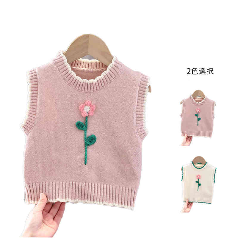 キッズ ニットベスト おしゃれベスト 春秋 子供服 おしゃれベスト キッズ ベスト 花飾り 重ね着 レイヤード カジュアルベスト 可愛い 丸襟 ニット 女の子 ノースリーブ シンプル カジュアル ジュニア