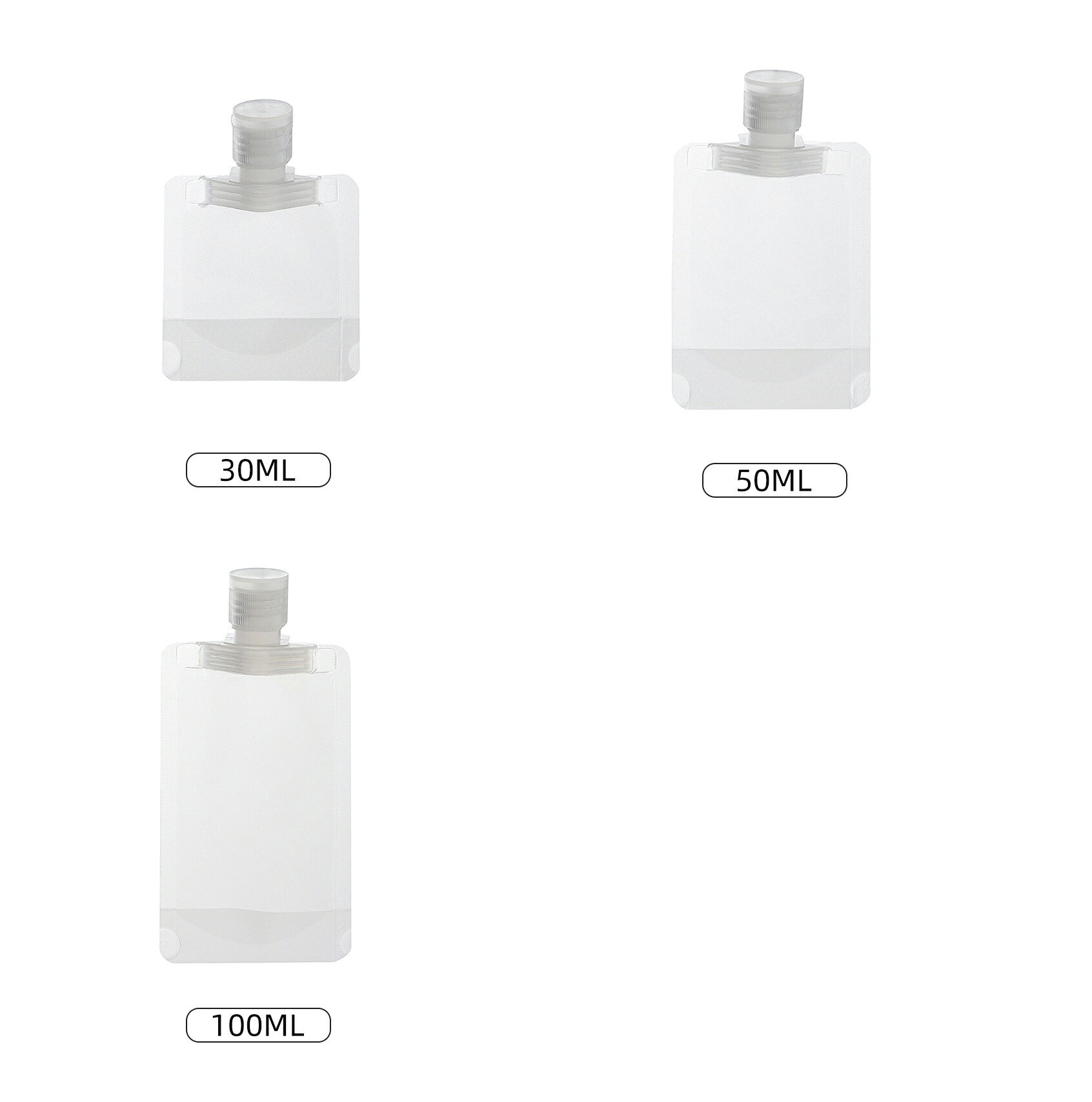 サイズ 30ml 50ml 100ml サイズについての説明 サイズ：30ml(8*10.2cm/7.5g) 50ml(8*11.2cm/8g) 100ml(9*15.5cm/9g)※素人採寸ですので、1-3mm程度の誤差がある場合がございます。 素材 PEL 色 10個セット 備考 ●サイズ詳細等の測り方はスタッフ間で統一、徹底はしておりますが、実寸は商品によって若干の誤差(1cm～3cm )がある場合がございますので、予めご了承ください。 ●製造ロットにより、細部形状の違いや、同色でも色味に多少の誤差が生じます。 ●パッケージは改良のため予告なく仕様を変更する場合があります。 ▼商品の色は、撮影時の光や、お客様のモニターの色具合などにより、実際の商品と異なる場合がございます。あらかじめ、ご了承ください。 ▼生地の特性上、やや匂いが強く感じられるものもございます。数日のご使用や陰干しなどで気になる匂いはほとんど感じられなくなります。 ▼同じ商品でも生産時期により形やサイズ、カラーに多少の誤差が生じる場合もございます。 ▼他店舗でも在庫を共有して販売をしている為、受注後欠品となる場合もございます。予め、ご了承お願い申し上げます。 ▼出荷前に全て検品を行っておりますが、万が一商品に不具合があった場合は、お問い合わせフォームまたはメールよりご連絡頂けます様お願い申し上げます。速やかに対応致しますのでご安心ください。