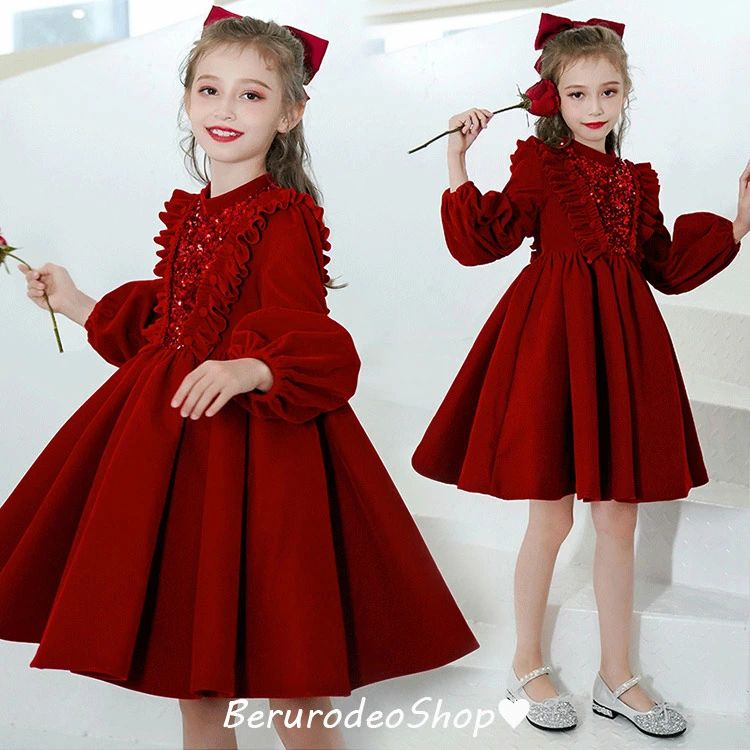 フォーマル 入学式 卒業式 パフスリーブ スパンコール 長袖 半袖 2タイプ ワインレッド ブラック グリーン 100-160cm 送料無料