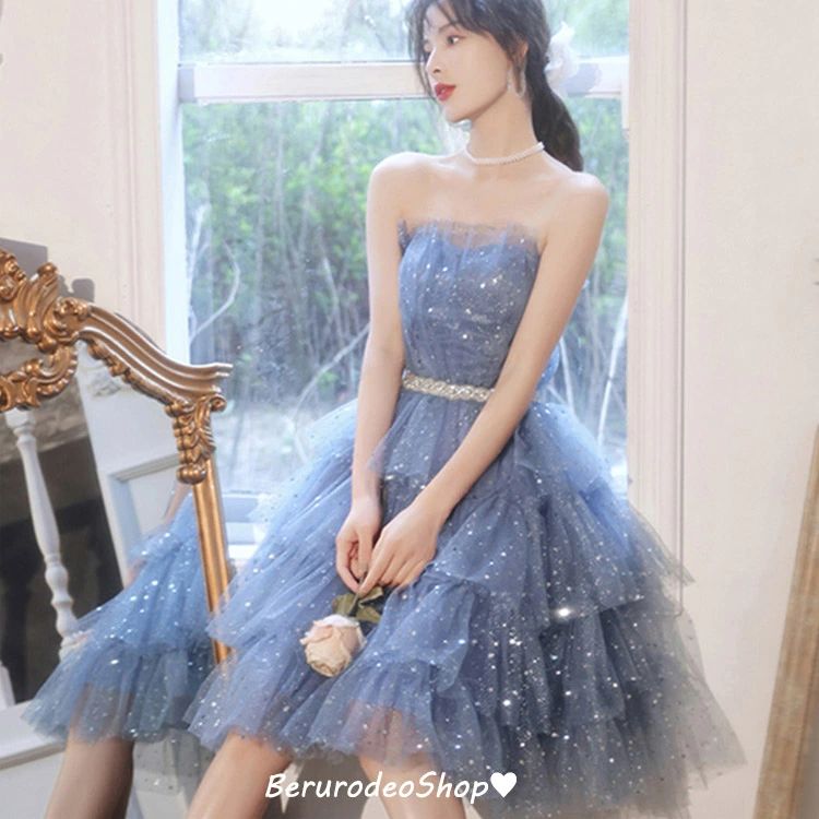 樂天商城 - レス ミディアム丈 可愛いドレス 星柄 スパンコール キレイめパーティードレス オフショルダー 誕生日 20代 30代 ドレス 2タイプ