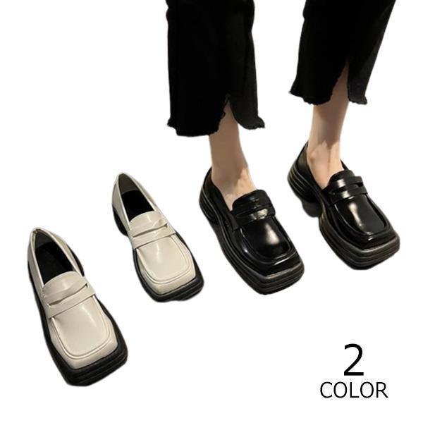 ース 厚底 かっこいい スクエアトゥ PU レザー 革 靴 ミドルヒール 4cm 太めヒール 大人可愛い 黒 白 レトロ ラブリー キュート