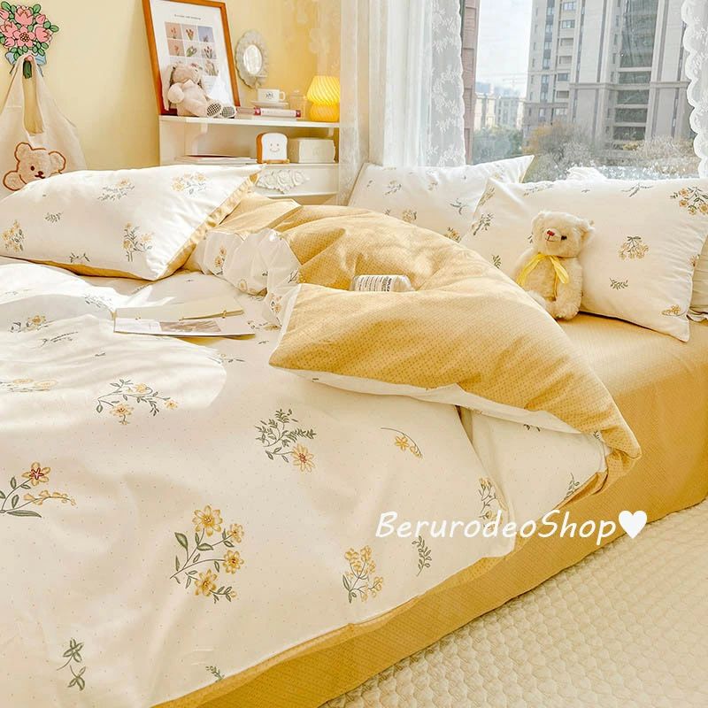 ーセット 3点セット 4点セット ベッド用品 掛け布団カバー ベージュ プリント花柄 韓国風 オシャレ 布..