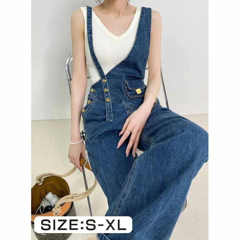 サロペット ポケット付き 不対称 無地 レディース 金属ボタン 高腰 オールインワン ジーンズ カジュアル ス ワイドパンツ パンツ