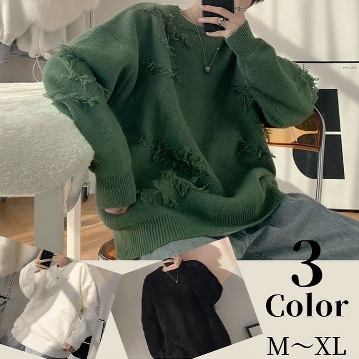 Knit Sweater - ダメージ加工 ニット メンズ ラウンドネック セーター 秋冬春 長袖 トップス カジュアル ストリート 韓国 おしゃれ 13975