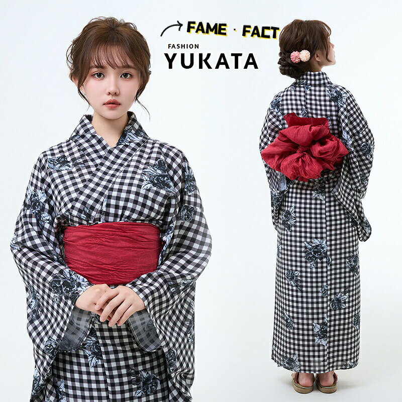 乐天商城 - 浴衣 セパレート レディース 花火大会 チェック柄 黒白 夏祭り 初心者向け 浴衣セット カジュアル浴衣 浴衣ドレス 夏着物 女性浴衣 ゆかた レディース エレガント 花火大会 成人式 撮影 観光 着付け簡単 おしゃれ 旅行 YUKATA フリーサイズ